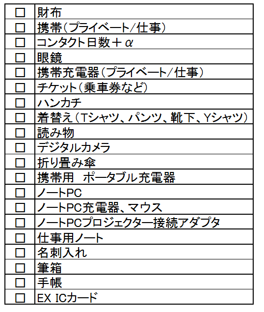 出張持ち物チェックリスト